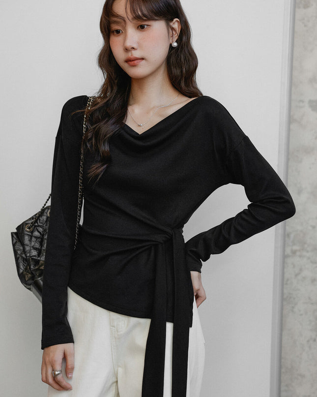 Korean Off-Shoulder Tie-Waist Long-Sleeve Top