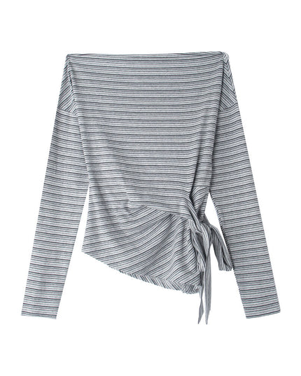 Korean Off-Shoulder Tie-Waist Long-Sleeve Top