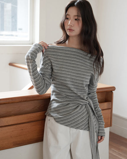 Korean Off-Shoulder Tie-Waist Long-Sleeve Top
