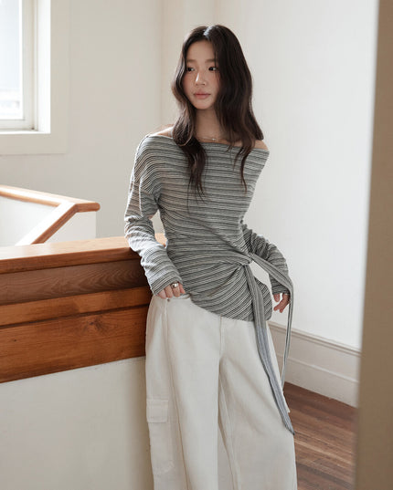 Korean Off-Shoulder Tie-Waist Long-Sleeve Top