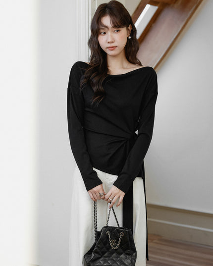 Korean Off-Shoulder Tie-Waist Long-Sleeve Top