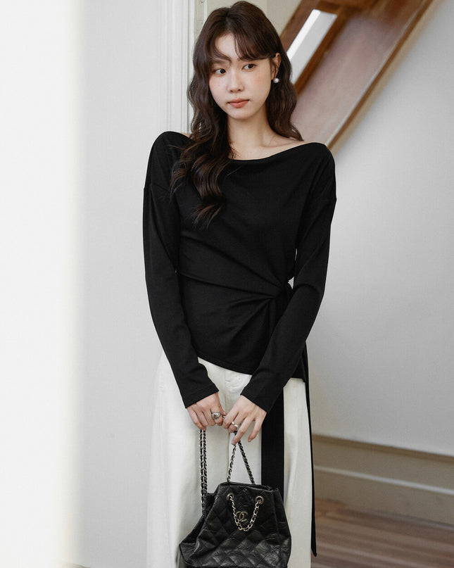 Korean Off-Shoulder Tie-Waist Long-Sleeve Top