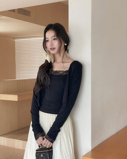V-Neck Lace-Trim Blouse + Spaghetti Strap Tank Set