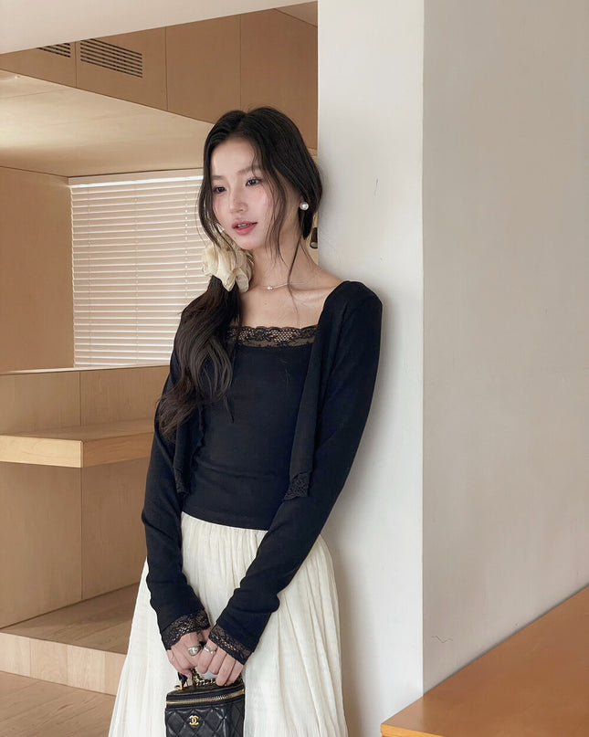 V-Neck Lace-Trim Blouse + Spaghetti Strap Tank Set