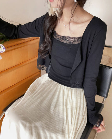 V-Neck Lace-Trim Blouse + Spaghetti Strap Tank Set