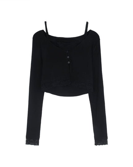 V-Neck Lace-Trim Blouse + Spaghetti Strap Tank Set