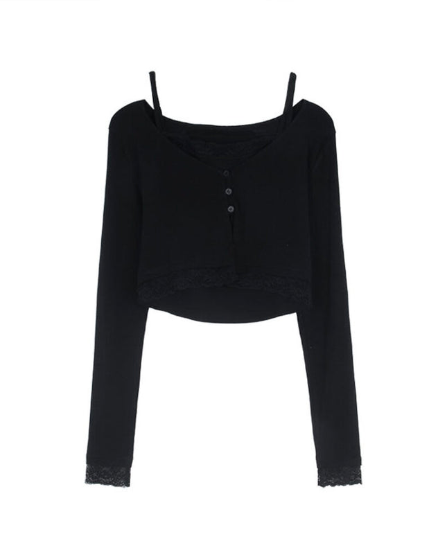 V-Neck Lace-Trim Blouse + Spaghetti Strap Tank Set