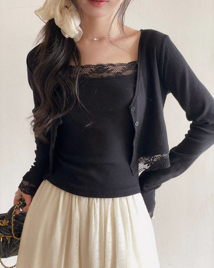 V-Neck Lace-Trim Blouse + Spaghetti Strap Tank Set