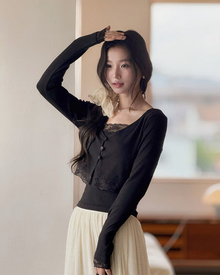 V-Neck Lace-Trim Blouse + Spaghetti Strap Tank Set