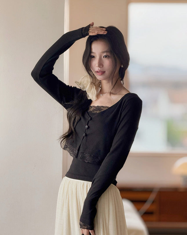 V-Neck Lace-Trim Blouse + Spaghetti Strap Tank Set