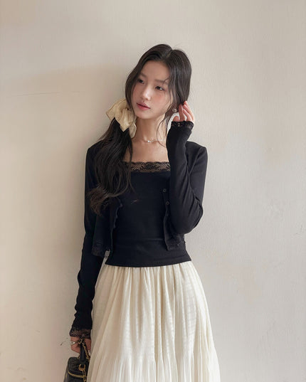 V-Neck Lace-Trim Blouse + Spaghetti Strap Tank Set