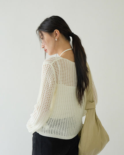 Airy Open-Knit Long-Sleeve Pullover with Knit Mini Pouch (no singlet)