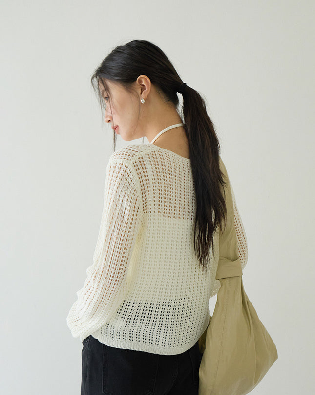 Airy Open-Knit Long-Sleeve Pullover with Knit Mini Pouch (no singlet)