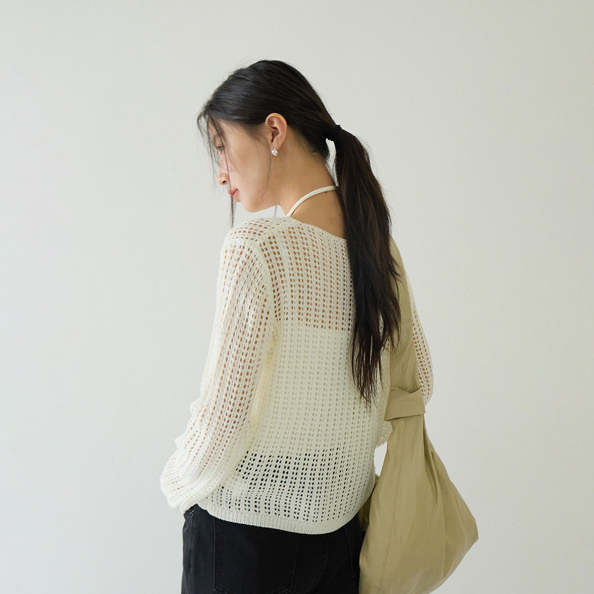 Airy Open-Knit Long-Sleeve Pullover with Knit Mini Pouch (no singlet)