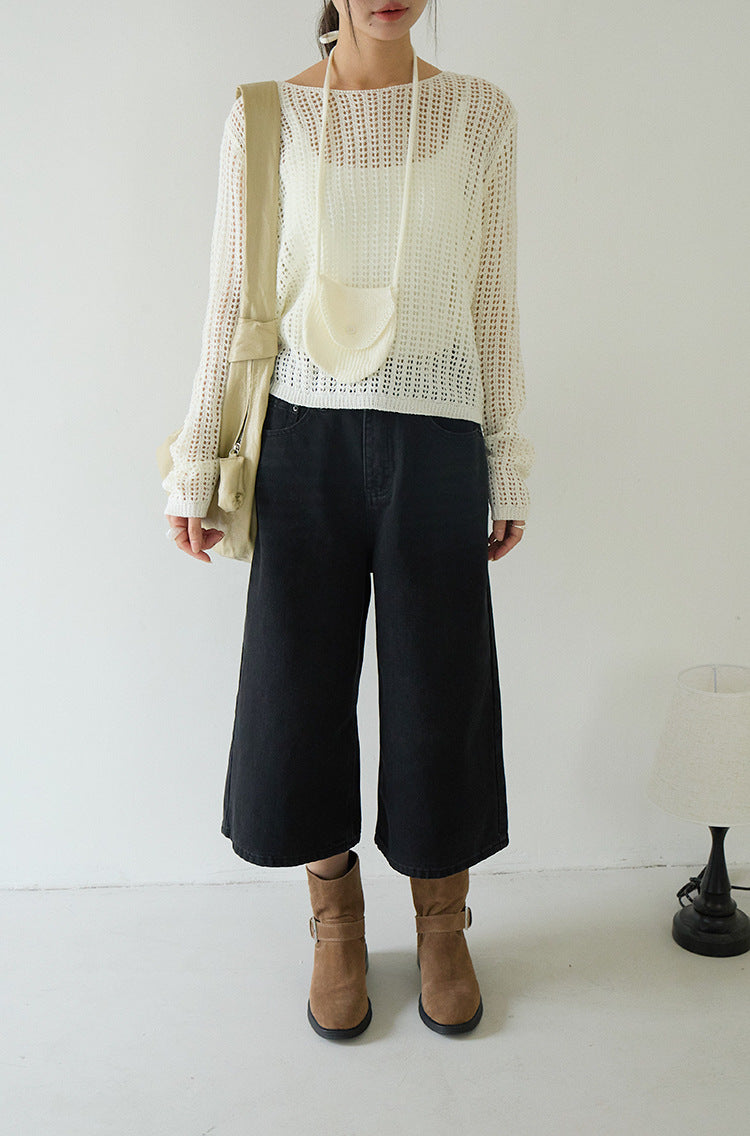 Airy Open-Knit Long-Sleeve Pullover with Knit Mini Pouch (no singlet)