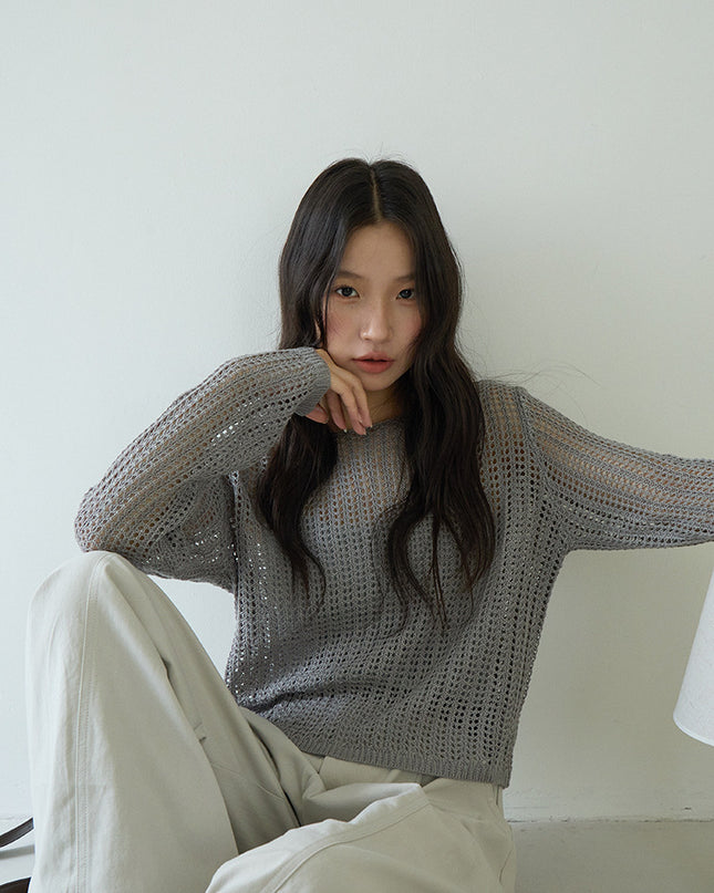 Airy Open-Knit Long-Sleeve Pullover with Knit Mini Pouch (no singlet)