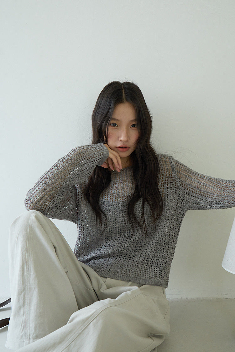 Airy Open-Knit Long-Sleeve Pullover with Knit Mini Pouch (no singlet)