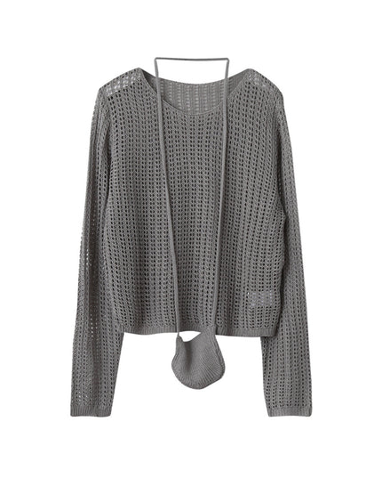 Airy Open-Knit Long-Sleeve Pullover with Knit Mini Pouch (no singlet)
