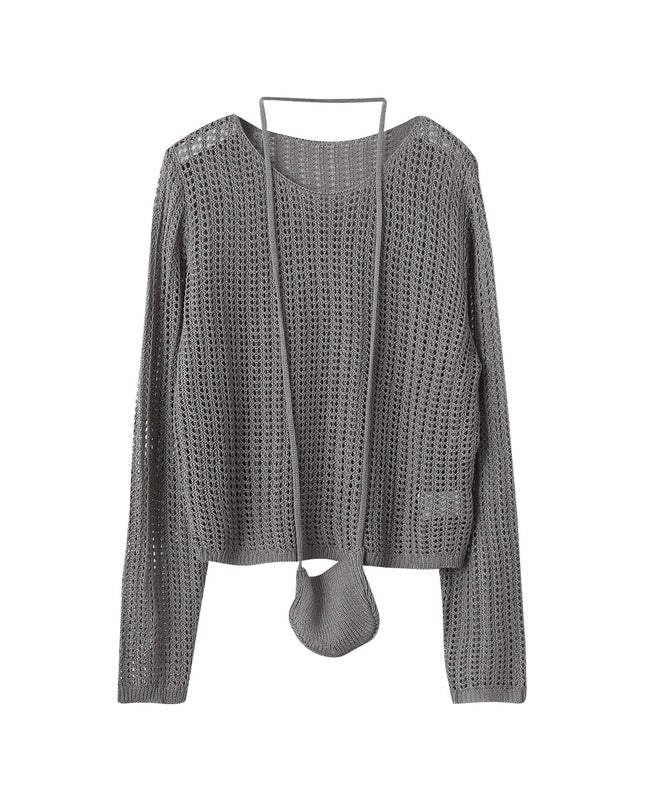 Airy Open-Knit Long-Sleeve Pullover with Knit Mini Pouch (no singlet)