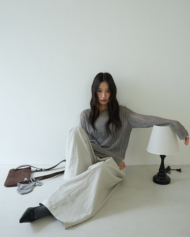 Airy Open-Knit Long-Sleeve Pullover with Knit Mini Pouch (no singlet)