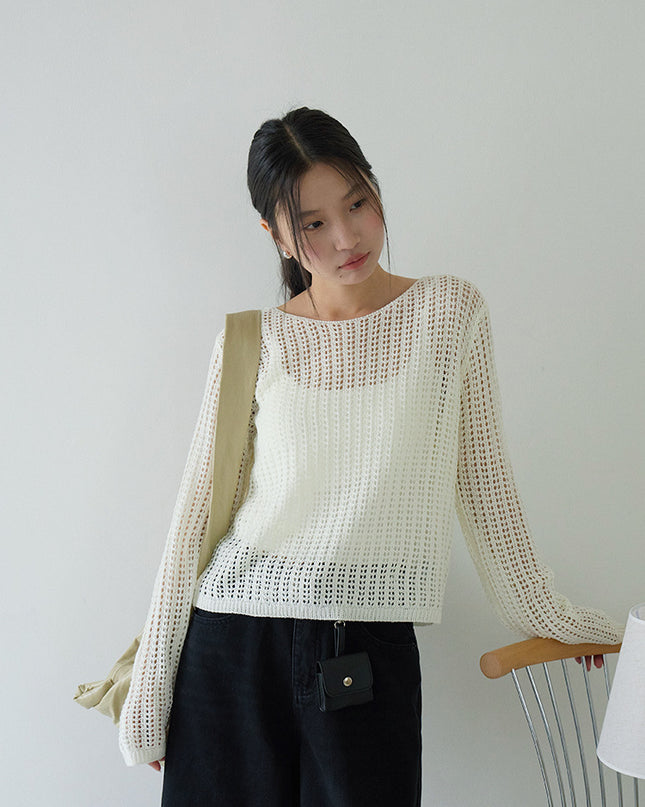 Airy Open-Knit Long-Sleeve Pullover with Knit Mini Pouch (no singlet)