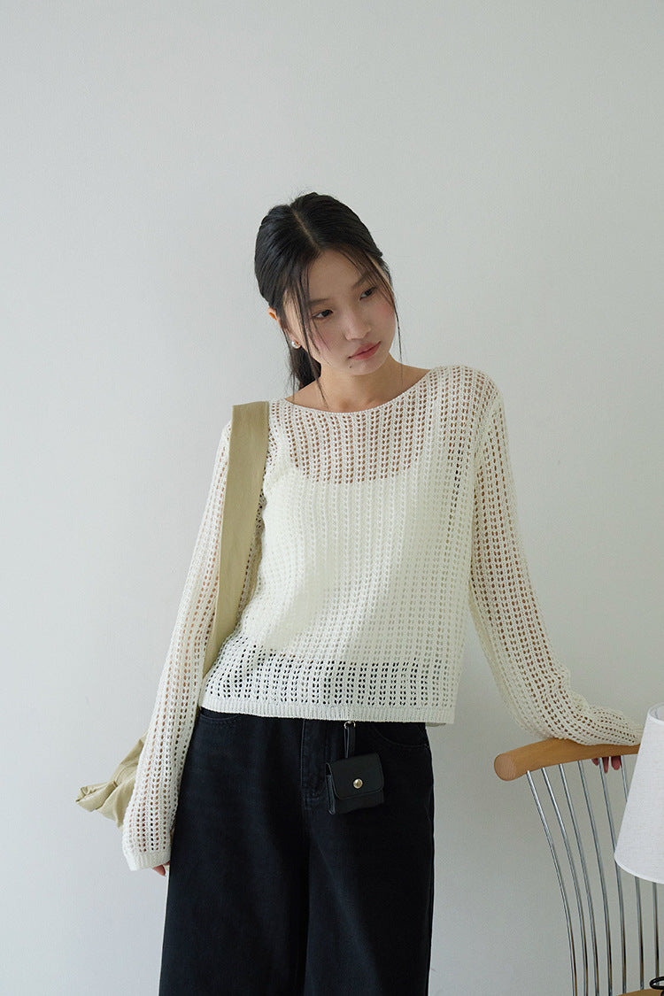 Airy Open-Knit Long-Sleeve Pullover with Knit Mini Pouch (no singlet)