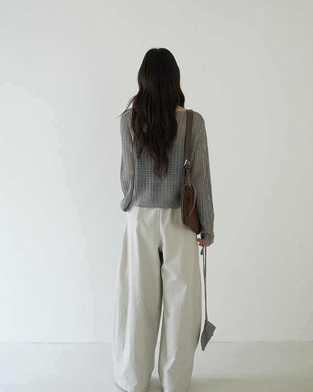 Airy Open-Knit Long-Sleeve Pullover with Knit Mini Pouch (no singlet)
