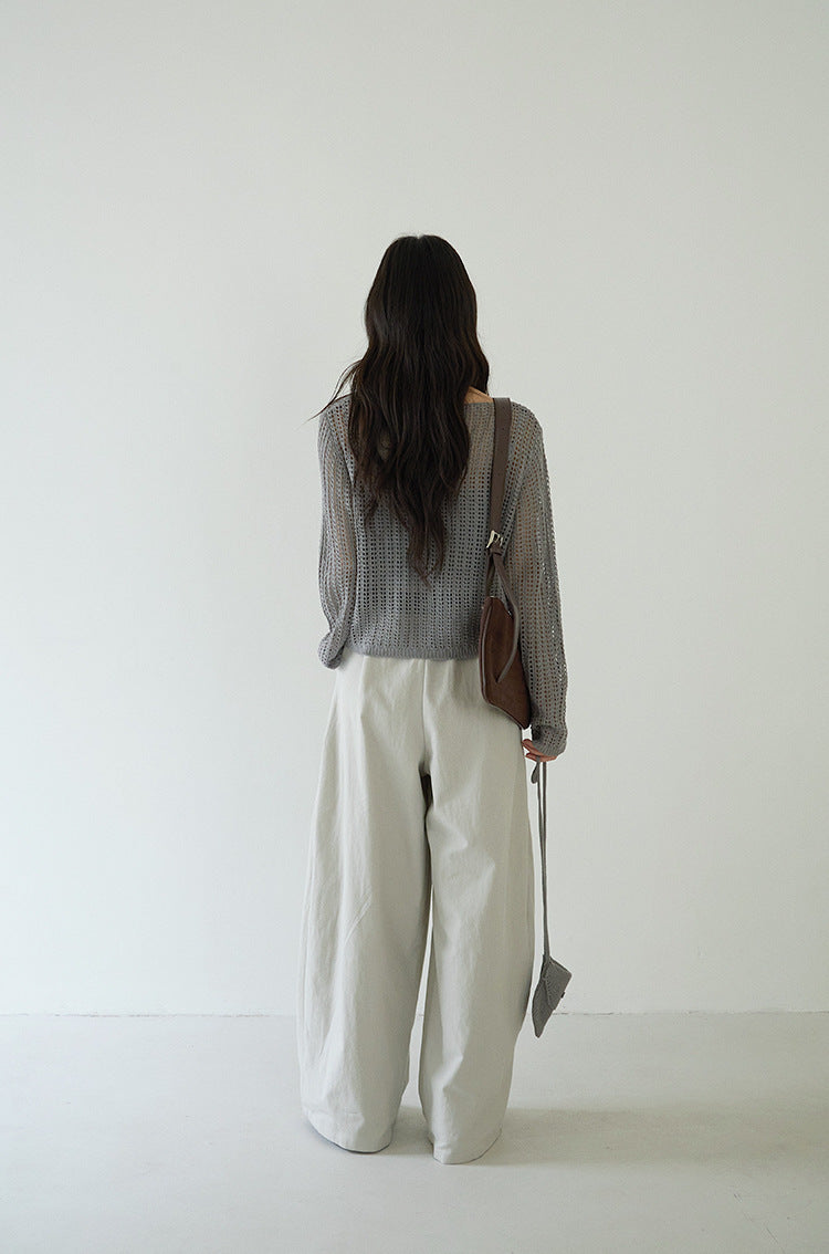 Airy Open-Knit Long-Sleeve Pullover with Knit Mini Pouch (no singlet)