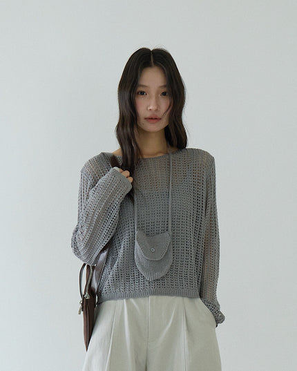 Airy Open-Knit Long-Sleeve Pullover with Knit Mini Pouch (no singlet)