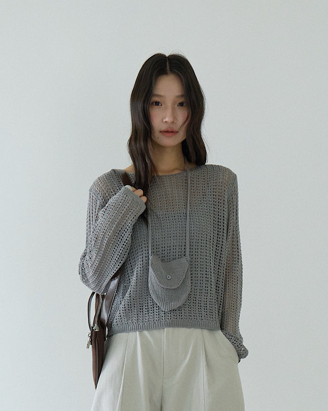 Airy Open-Knit Long-Sleeve Pullover with Knit Mini Pouch (no singlet)