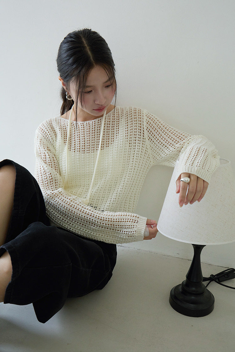 Airy Open-Knit Long-Sleeve Pullover with Knit Mini Pouch (no singlet)