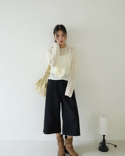 Airy Open-Knit Long-Sleeve Pullover with Knit Mini Pouch (no singlet)