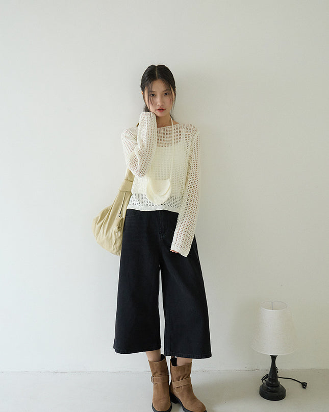 Airy Open-Knit Long-Sleeve Pullover with Knit Mini Pouch (no singlet)