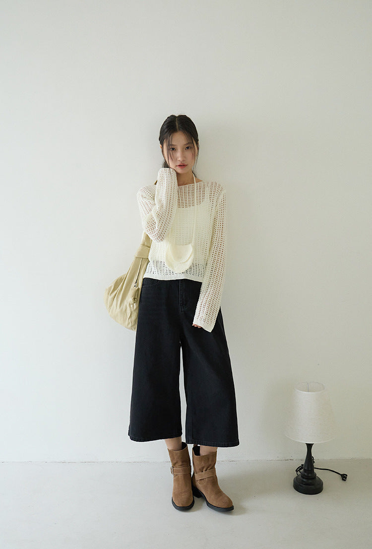 Airy Open-Knit Long-Sleeve Pullover with Knit Mini Pouch (no singlet)