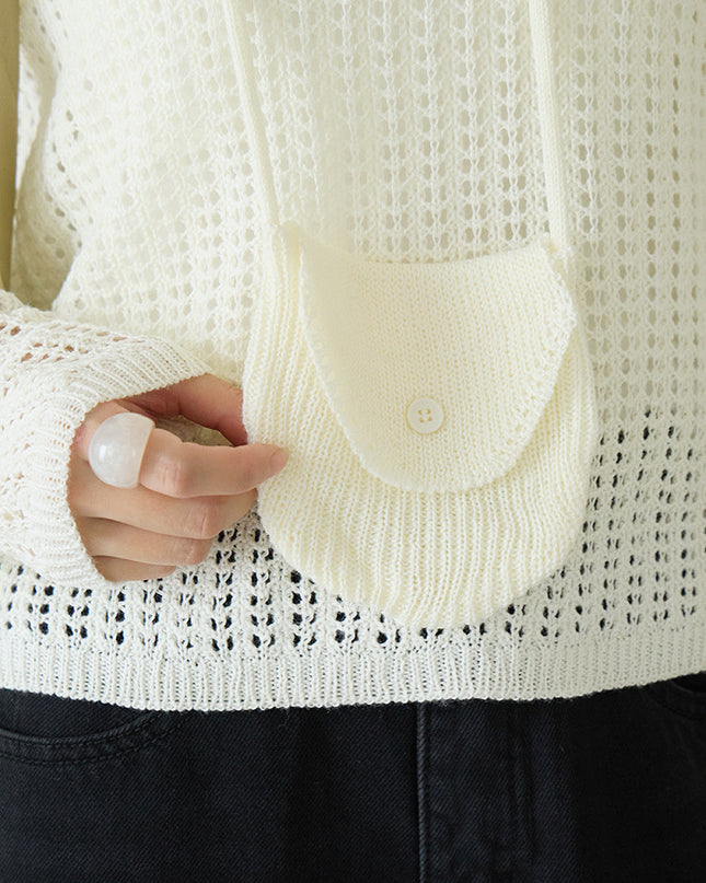 Airy Open-Knit Long-Sleeve Pullover with Knit Mini Pouch (no singlet)