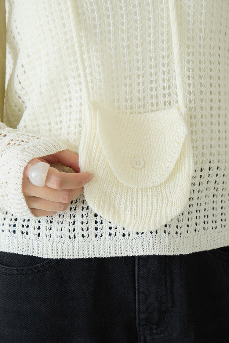 Airy Open-Knit Long-Sleeve Pullover with Knit Mini Pouch (no singlet)
