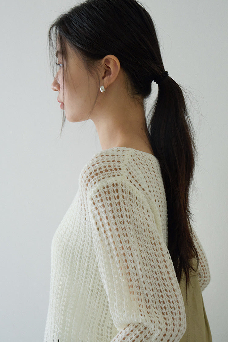 Airy Open-Knit Long-Sleeve Pullover with Knit Mini Pouch (no singlet)