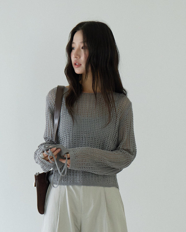 Airy Open-Knit Long-Sleeve Pullover with Knit Mini Pouch (no singlet)