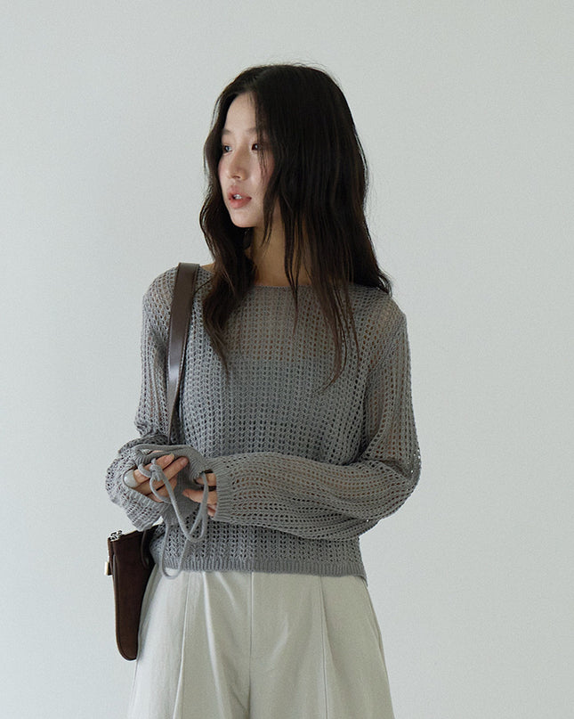 Airy Open-Knit Long-Sleeve Pullover with Knit Mini Pouch (no singlet)