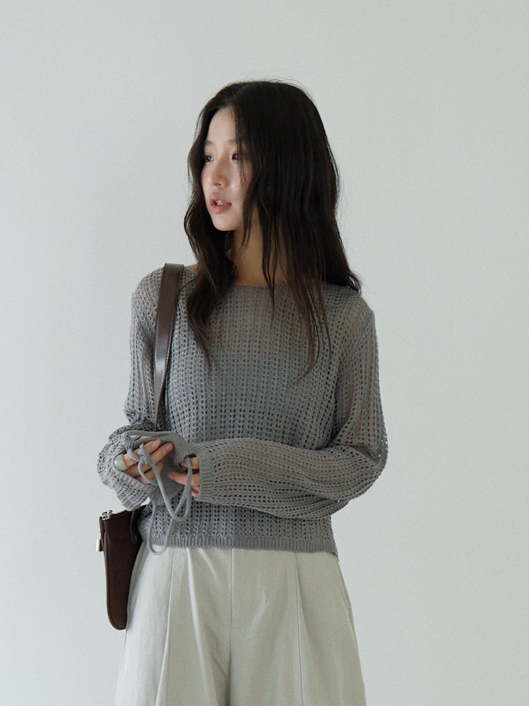 Airy Open-Knit Long-Sleeve Pullover with Knit Mini Pouch (no singlet)