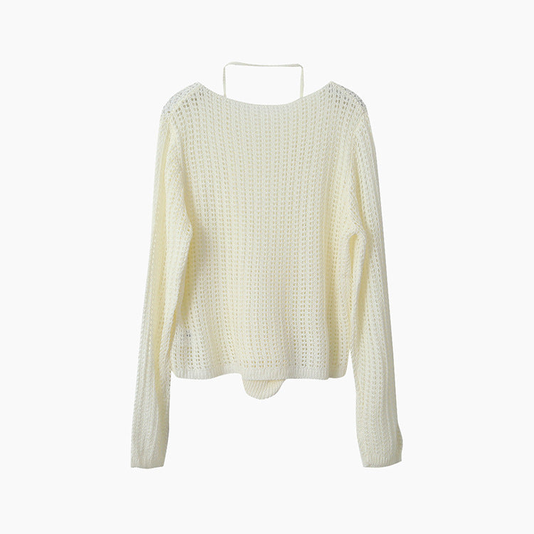 Airy Open-Knit Long-Sleeve Pullover with Knit Mini Pouch (no singlet)