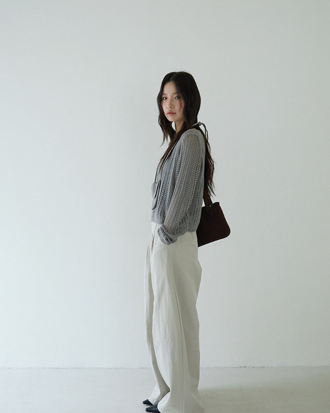 Airy Open-Knit Long-Sleeve Pullover with Knit Mini Pouch (no singlet)