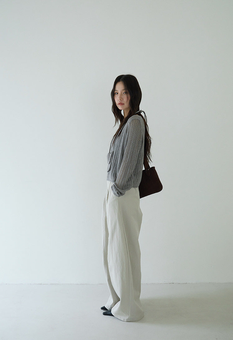 Airy Open-Knit Long-Sleeve Pullover with Knit Mini Pouch (no singlet)