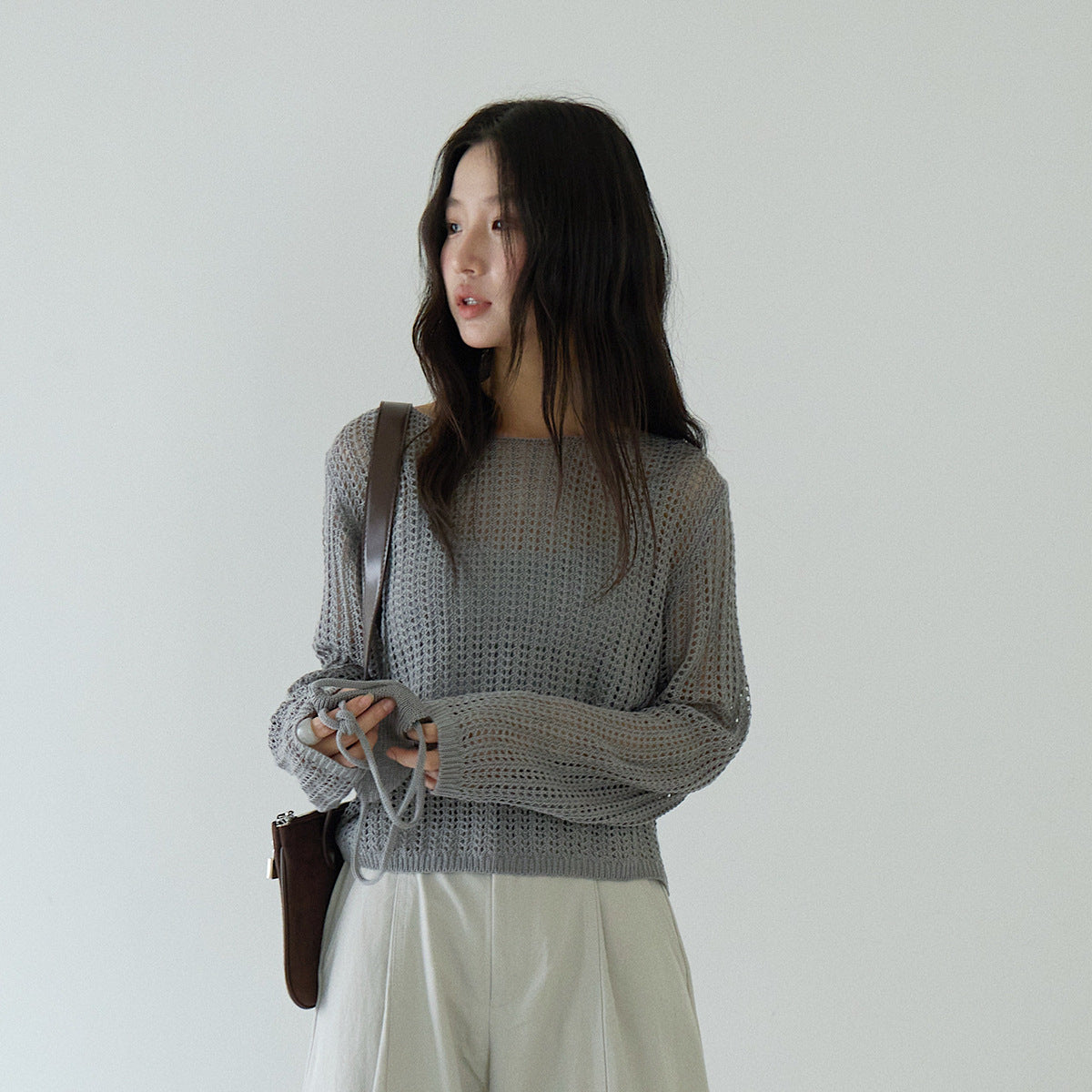 Airy Open-Knit Long-Sleeve Pullover with Knit Mini Pouch (no singlet)