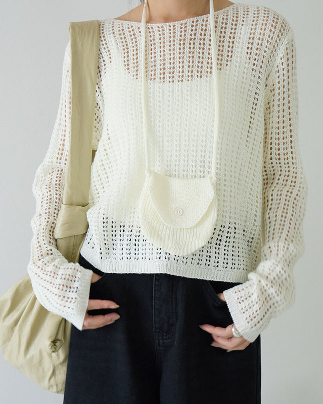 Airy Open-Knit Long-Sleeve Pullover with Knit Mini Pouch (no singlet)
