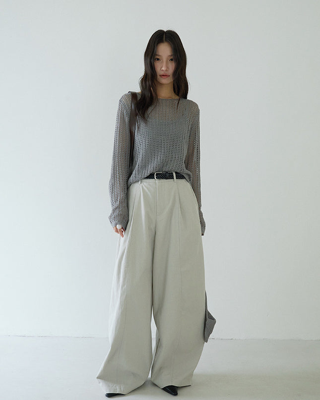 Airy Open-Knit Long-Sleeve Pullover with Knit Mini Pouch (no singlet)