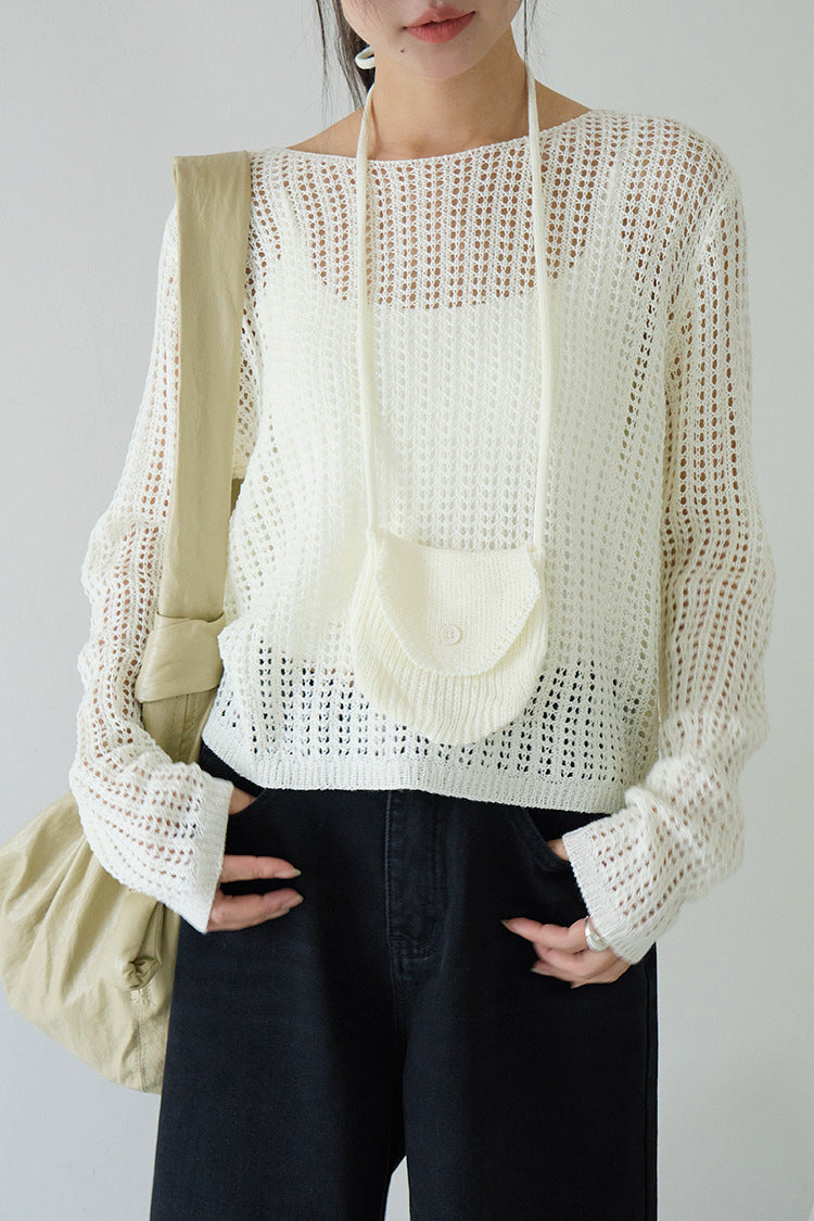 Airy Open-Knit Long-Sleeve Pullover with Knit Mini Pouch (no singlet)