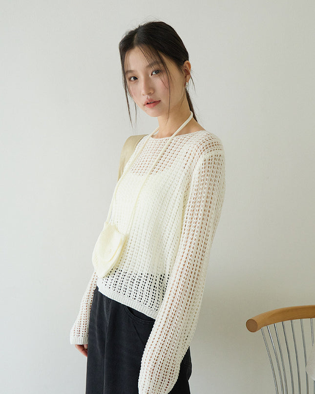 Airy Open-Knit Long-Sleeve Pullover with Knit Mini Pouch (no singlet)