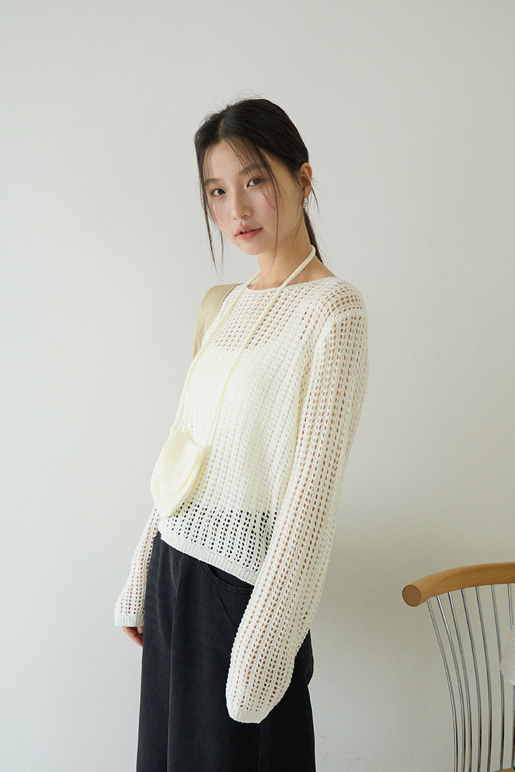 Airy Open-Knit Long-Sleeve Pullover with Knit Mini Pouch (no singlet)