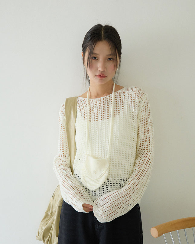 Airy Open-Knit Long-Sleeve Pullover with Knit Mini Pouch (no singlet)